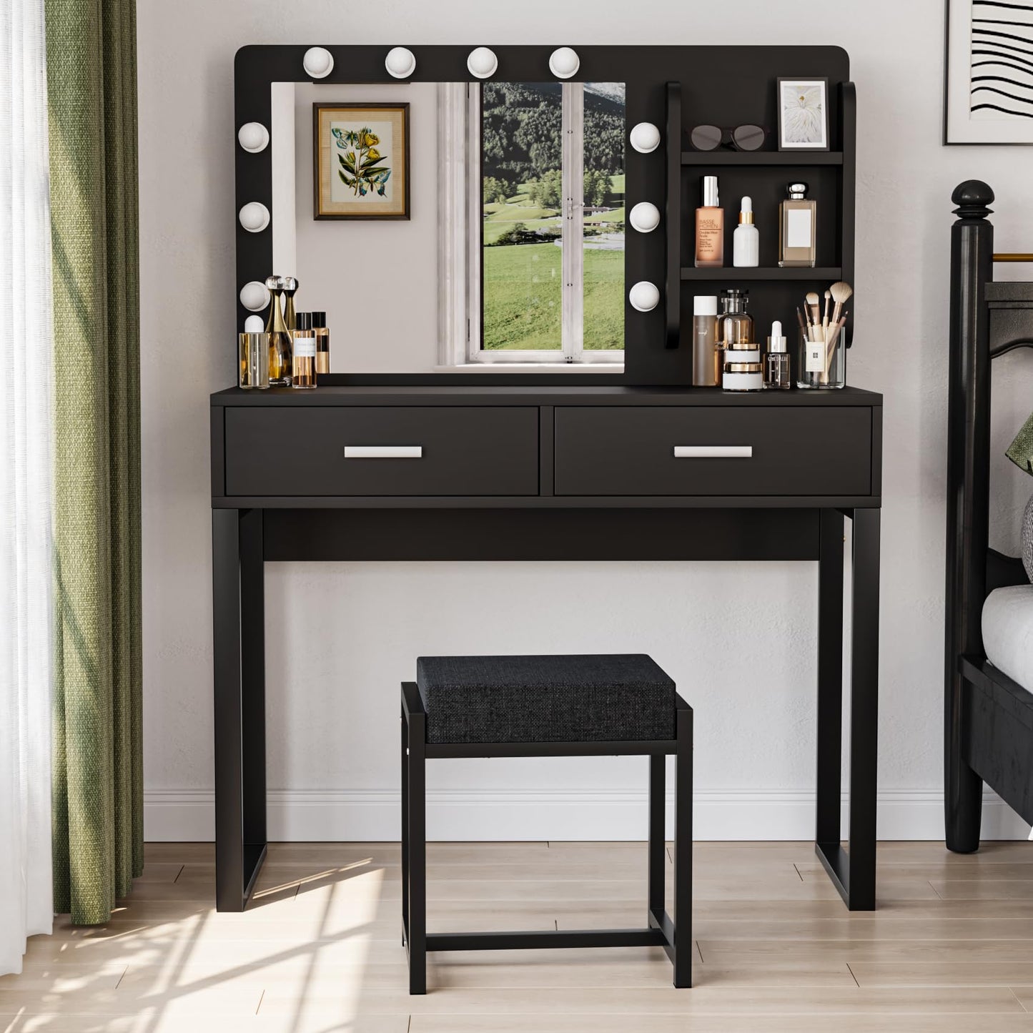 Smuxee Modern Dressing Table Set with 10 LED Lights and Mirror ,Black