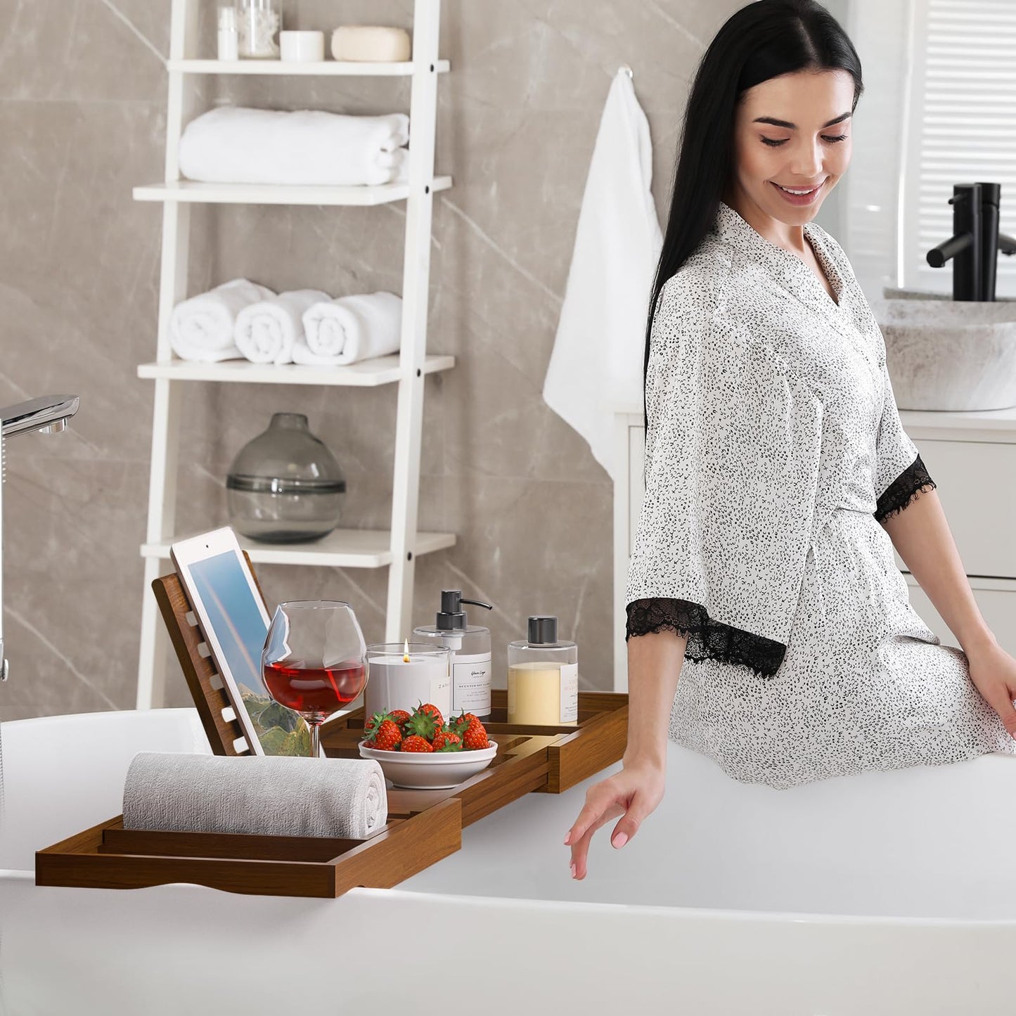 Semiocthome Teak Expandable Bathtub Tray Caddy