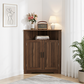 Smuxee Farmhouse Corner Bathroom Storage Cabinet, Freestanding Triangle Linen Organizer Cabinet with Barn Doors & Adjustable Shelves for Laundry Room