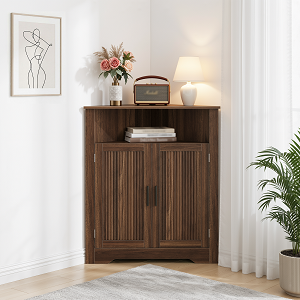 Smuxee Farmhouse Corner Bathroom Storage Cabinet, Freestanding Triangle Linen Organizer Cabinet with Barn Doors & Adjustable Shelves for Laundry Room