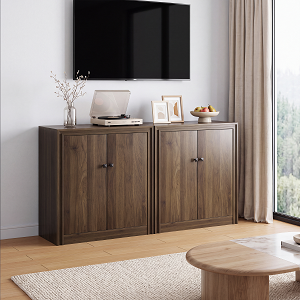 Smuxee 2 Doors Wood Storage Cabinet, Freestanding Accent Cabinet with Adjustable Shelevs, Walnut Grain Organizer TV Stand for Living Room