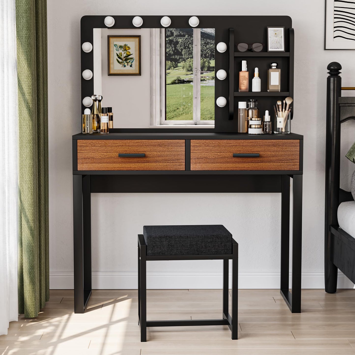 Smuxee Modern Dressing Table Set with 10 LED Lights and Mirror ,Black
