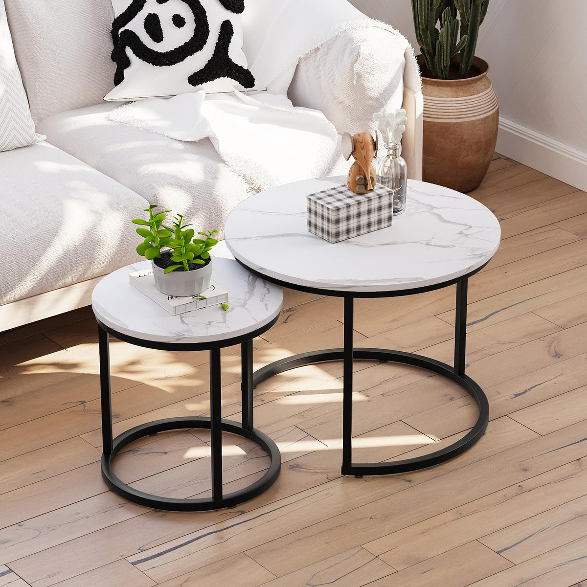 Semiocthome Modern Nesting Coffee Table Set,End Table for Living Room, 23.6" W, White,Marble Pattern