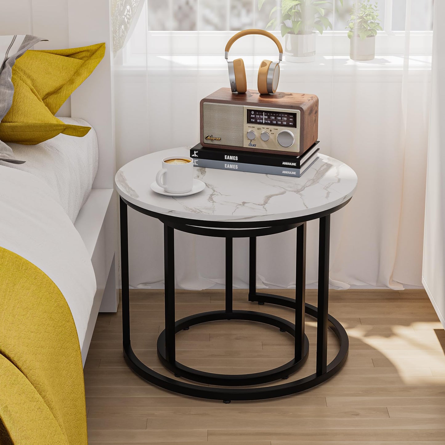 Semiocthome Modern Nesting Coffee Table Set,End Table for Living Room, 23.6" W, White,Marble Pattern