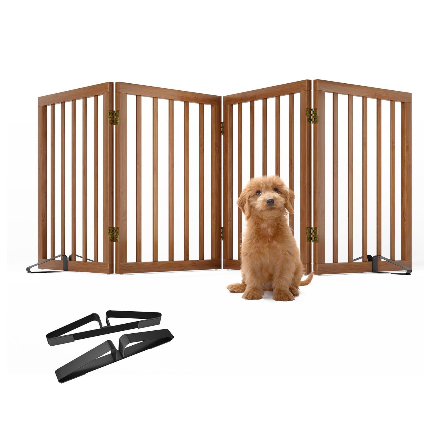 Smart FENDEE Bamboo Dog Gate Freestanding Pet Gate with 2 Support Feet for Doorways,Walnut,24"H,4 Panel