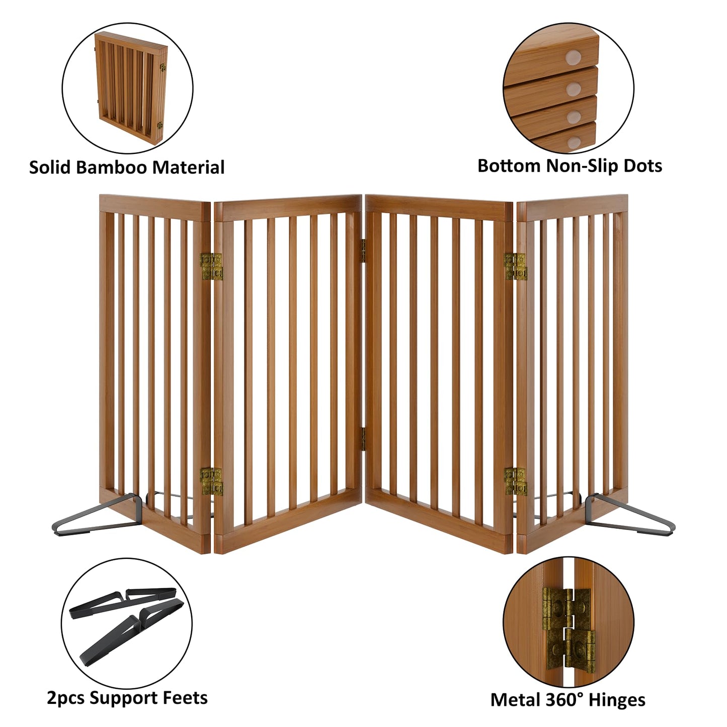 Smart FENDEE Bamboo Dog Gate Freestanding Pet Gate with 2 Support Feet for Doorways,Walnut,24"H,4 Panel