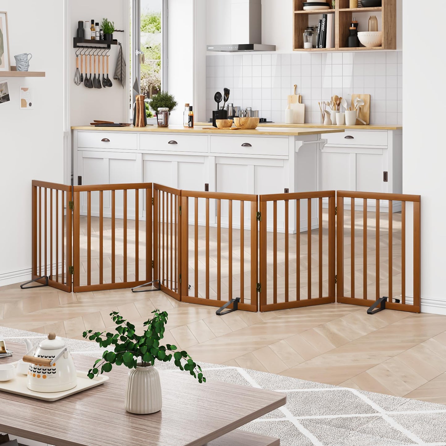 Smart FENDEE Bamboo Dog Gate Freestanding Pet Gate with 2 Support Feet for Doorways,Walnut,24"H,6 Panel