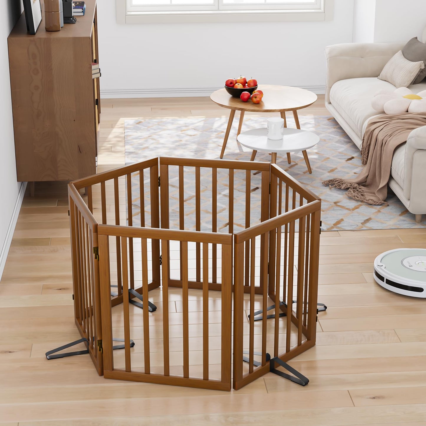 Smart FENDEE Bamboo Dog Gate Freestanding Pet Gate with 2 Support Feet for Doorways,Walnut,24"H,6 Panel
