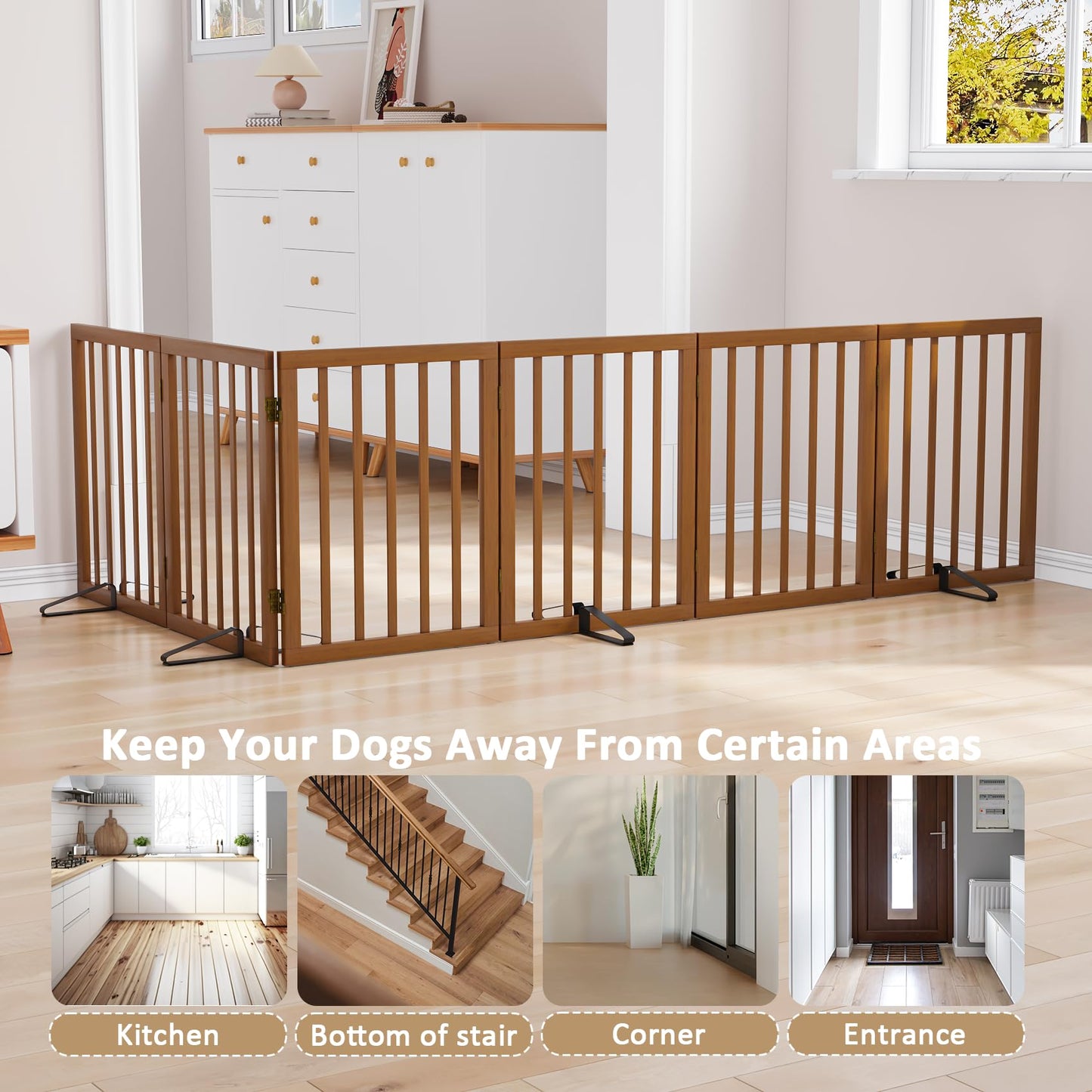 Smart FENDEE Bamboo Dog Gate Freestanding Pet Gate with 2 Support Feet for Doorways,Walnut,24"H,6 Panel
