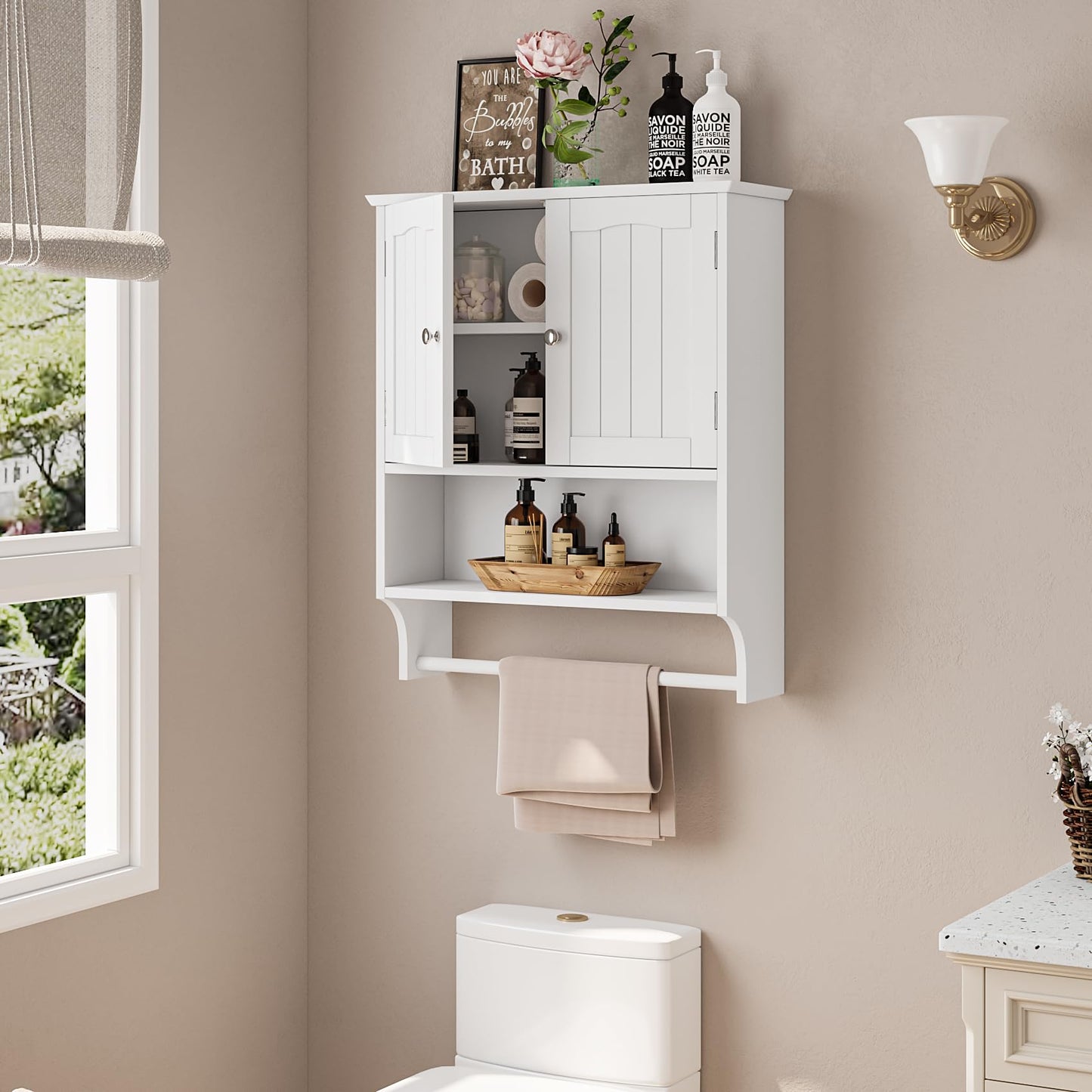 Semiocthome Bathroom Medicine Cabinet with Towel Bar and 3 Shelves Over Toilet Storage, White