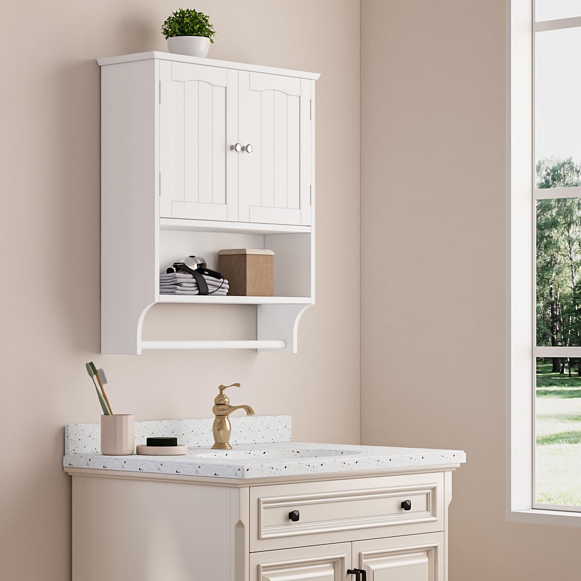 Semiocthome Bathroom Medicine Cabinet with Towel Bar and 3 Shelves Over Toilet Storage, White