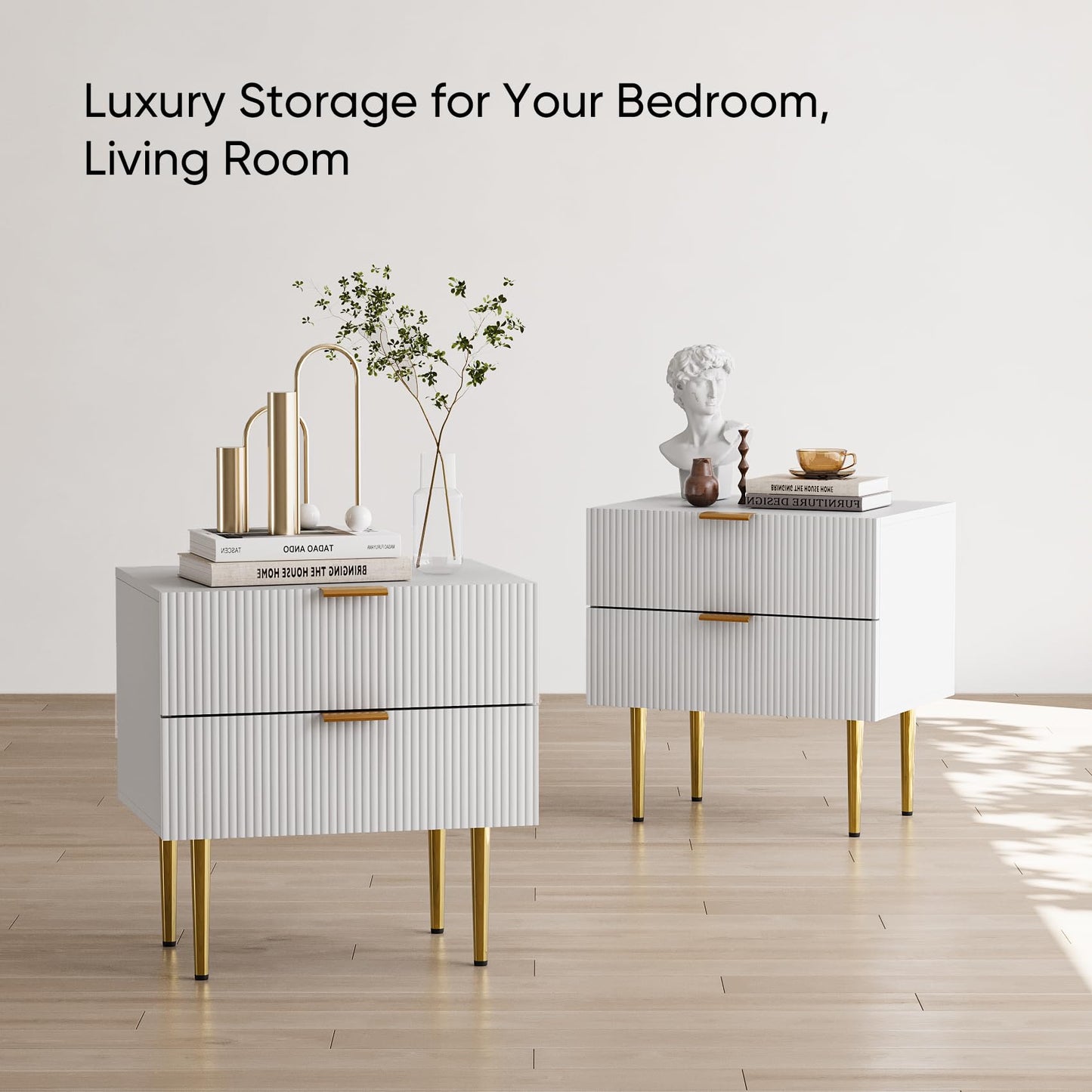 Semiocthome Fluted Nightstands with 2 Drawers Mid Century Modern Bedside Table for Bedroom