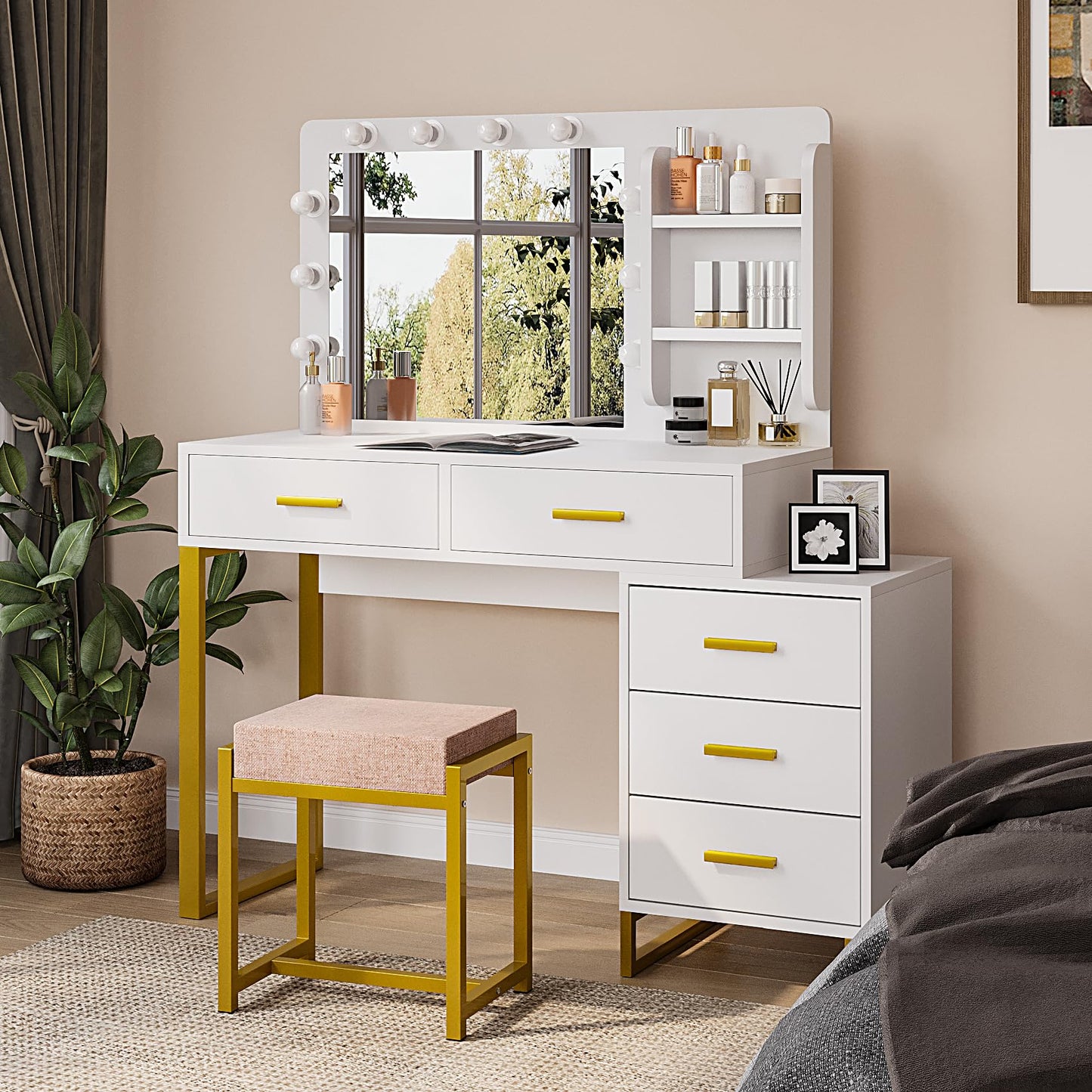 Semiocthome Modern White Vanity Tables Set for Bedroom with LED Lights