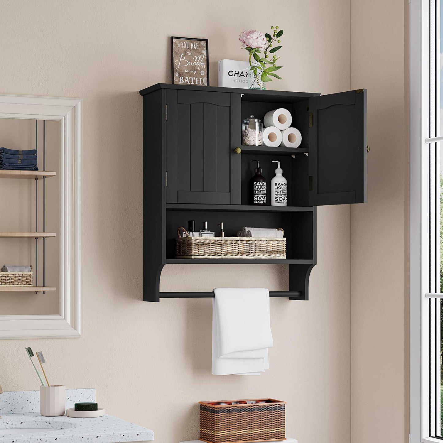 Smuxee Bathroom Storage Cabinets with Doors and Shelves,Towel Bar,over the Toilet Storage