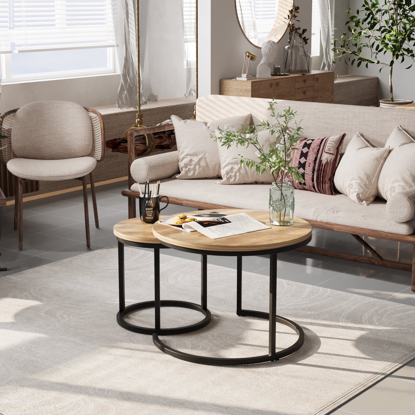 Algherohein Round Nesting Coffee Table Modern Set of 2 for Living Room