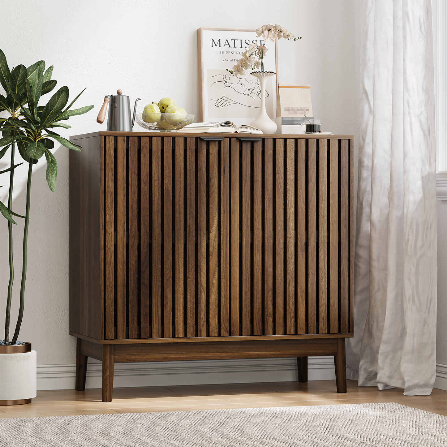 Semiocthome 31.5” Buffet Cabinet with 2 Slatted Doors and 1 Adjustable Shelf for Kitchen, Walnut