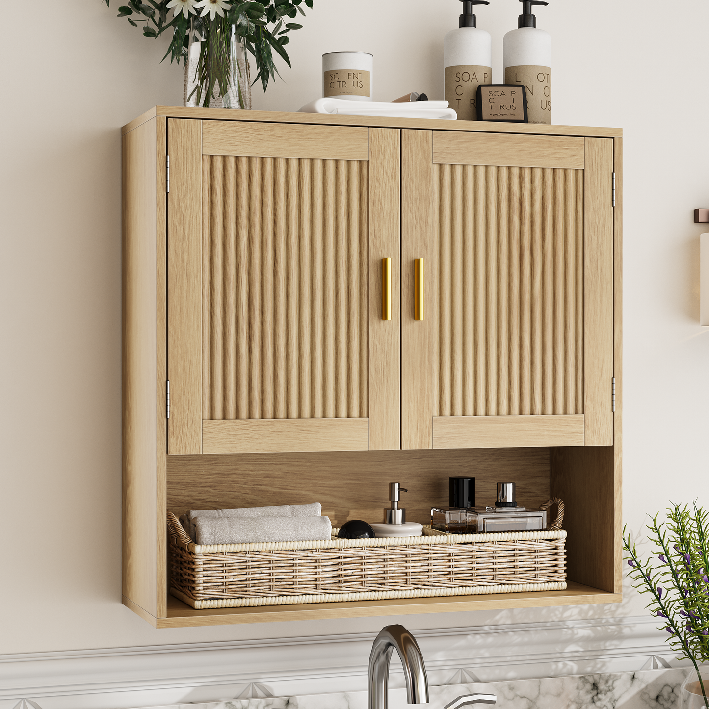 Semiocthome Wall Mounted Bathroom Cabinet Medicine Cabinet with Adjustable Shelves, Fluted Doors,Oak