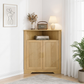 Smuxee Farmhouse Corner Bathroom Storage Cabinet, Freestanding Triangle Linen Organizer Cabinet with Barn Doors & Adjustable Shelves for Laundry Room