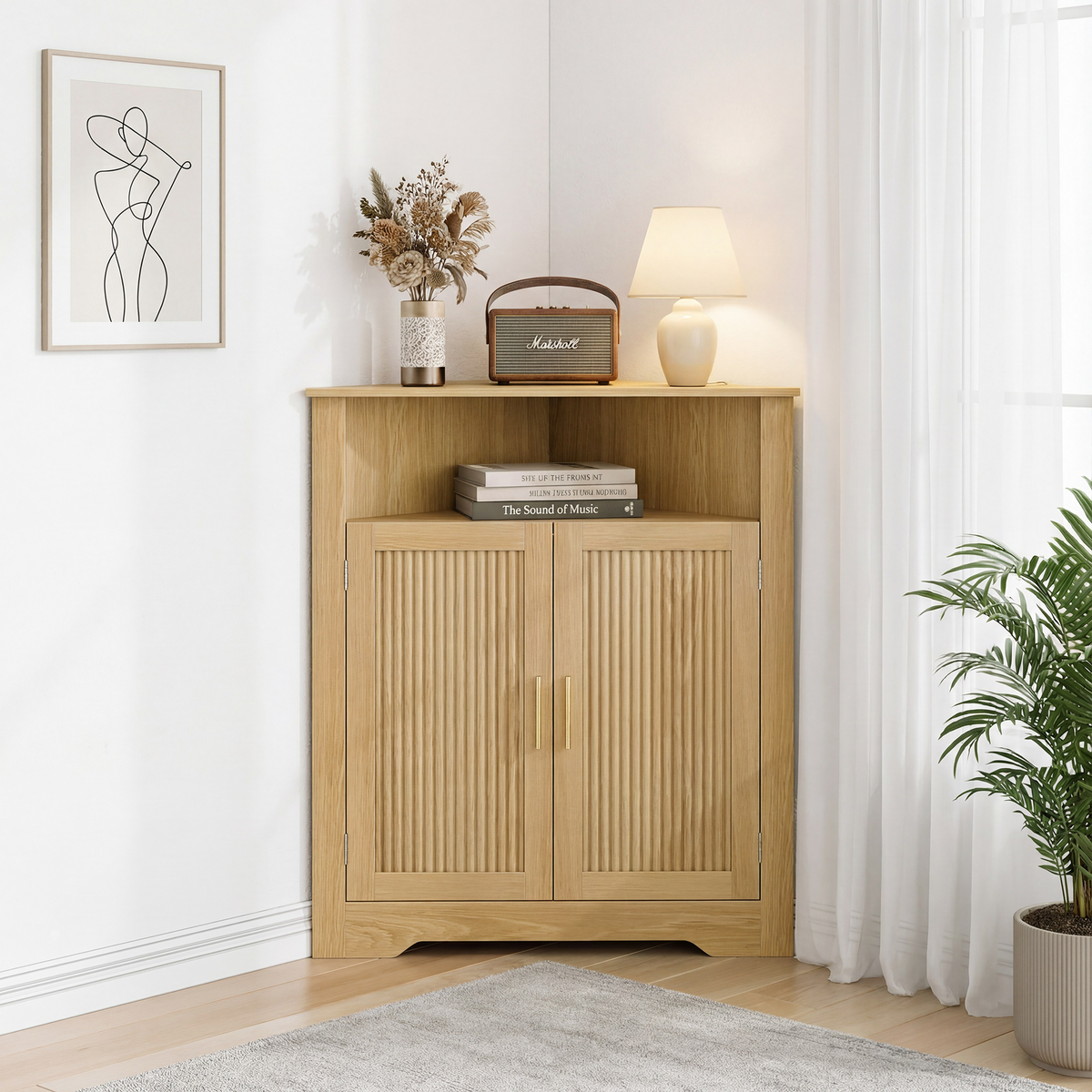 Smuxee Farmhouse Corner Bathroom Storage Cabinet, Freestanding Triangle Linen Organizer Cabinet with Barn Doors & Adjustable Shelves for Laundry Room