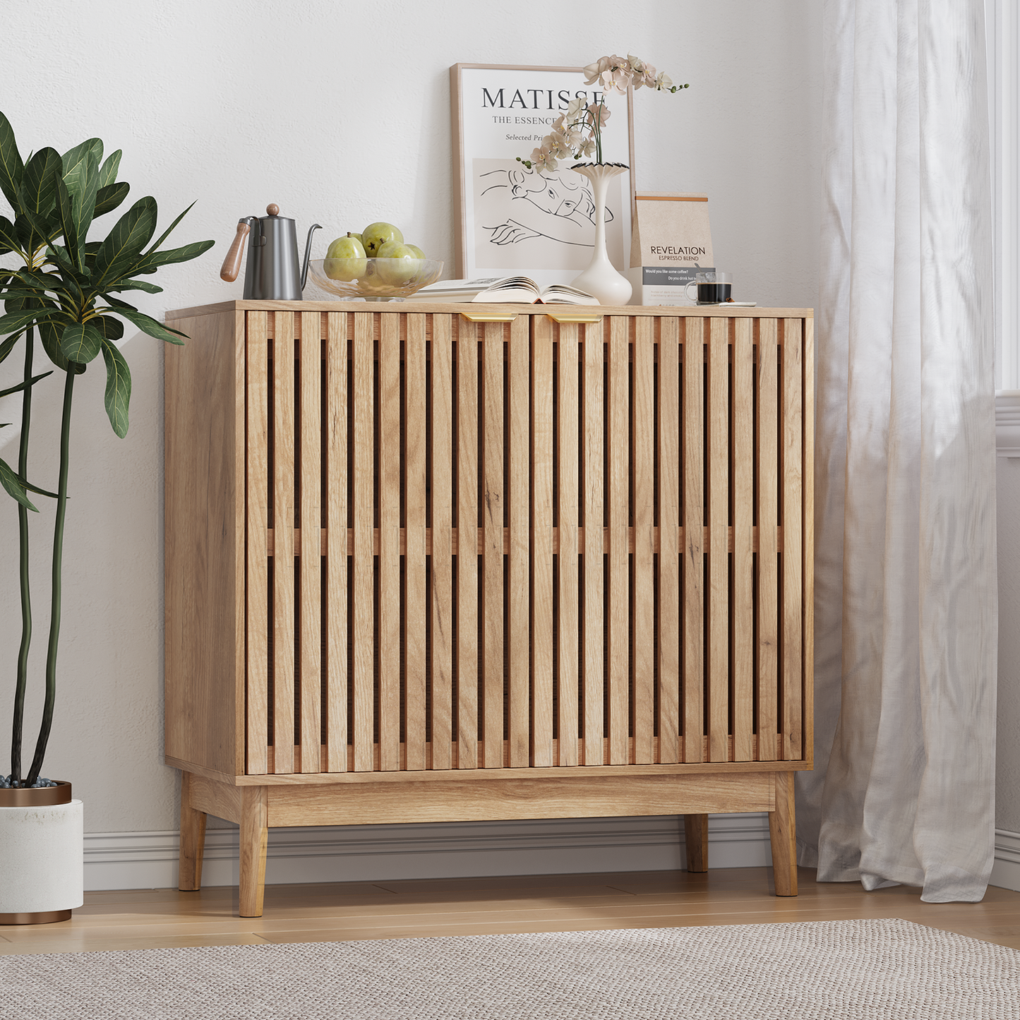 Semiocthome 31.5” Buffet Cabinet with 2 Slatted Doors and Adjustable Shelf for Kitchen, Natural
