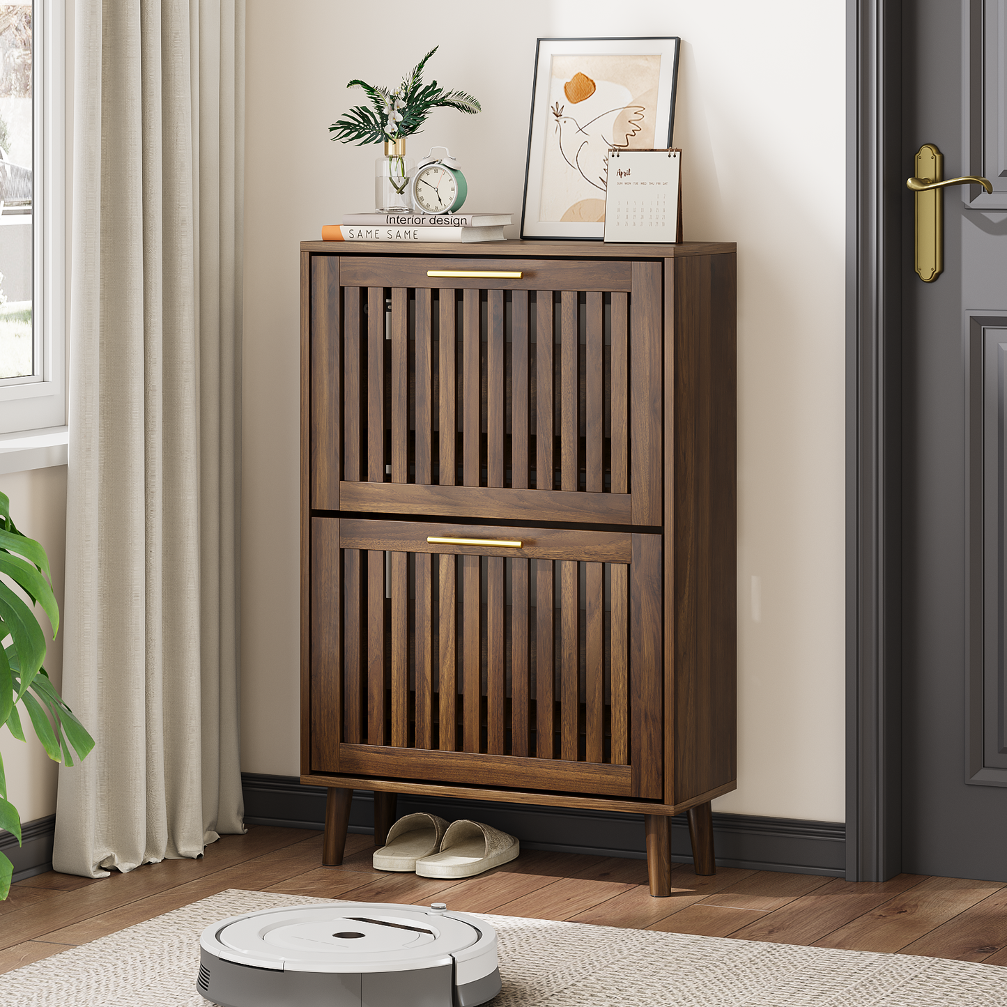 Algherohein Shoe Storage Cabinet with 2 Flip Drawers,Shoe Cabinet Entryway,Fence Walnut,Large