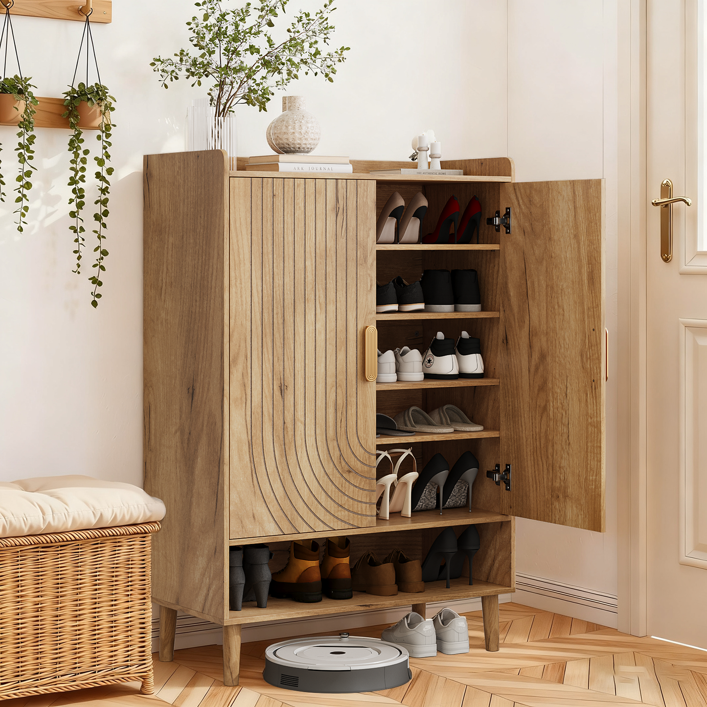 Smuxee Wooden Shoe Organizer Cabinet with 7-Tier Adjustable Shelves,Entryway Shoe Storage for Shoes,Heels,Boots,Slippers,Walnut
