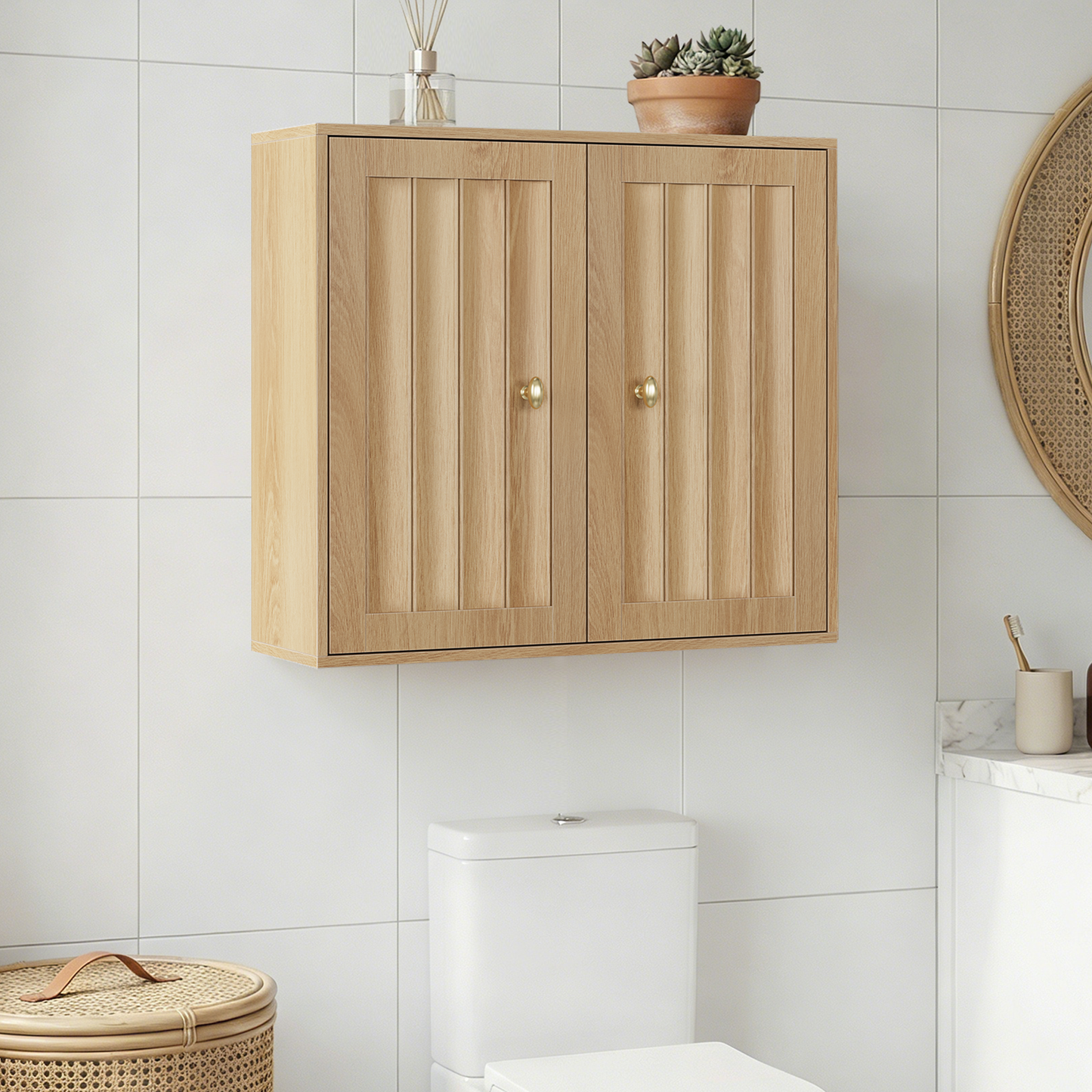 Smuxee Bathroom Wall Cabinet with Doors & Open Shelf, Wood Medicine Wall Mounted Bathroom Storage Organizer