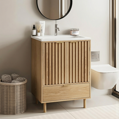 Semiocthome 24" Bathroom Vanity with Sink, Storage Cabinet with Drawers and 2 Fluted Doors, Natural