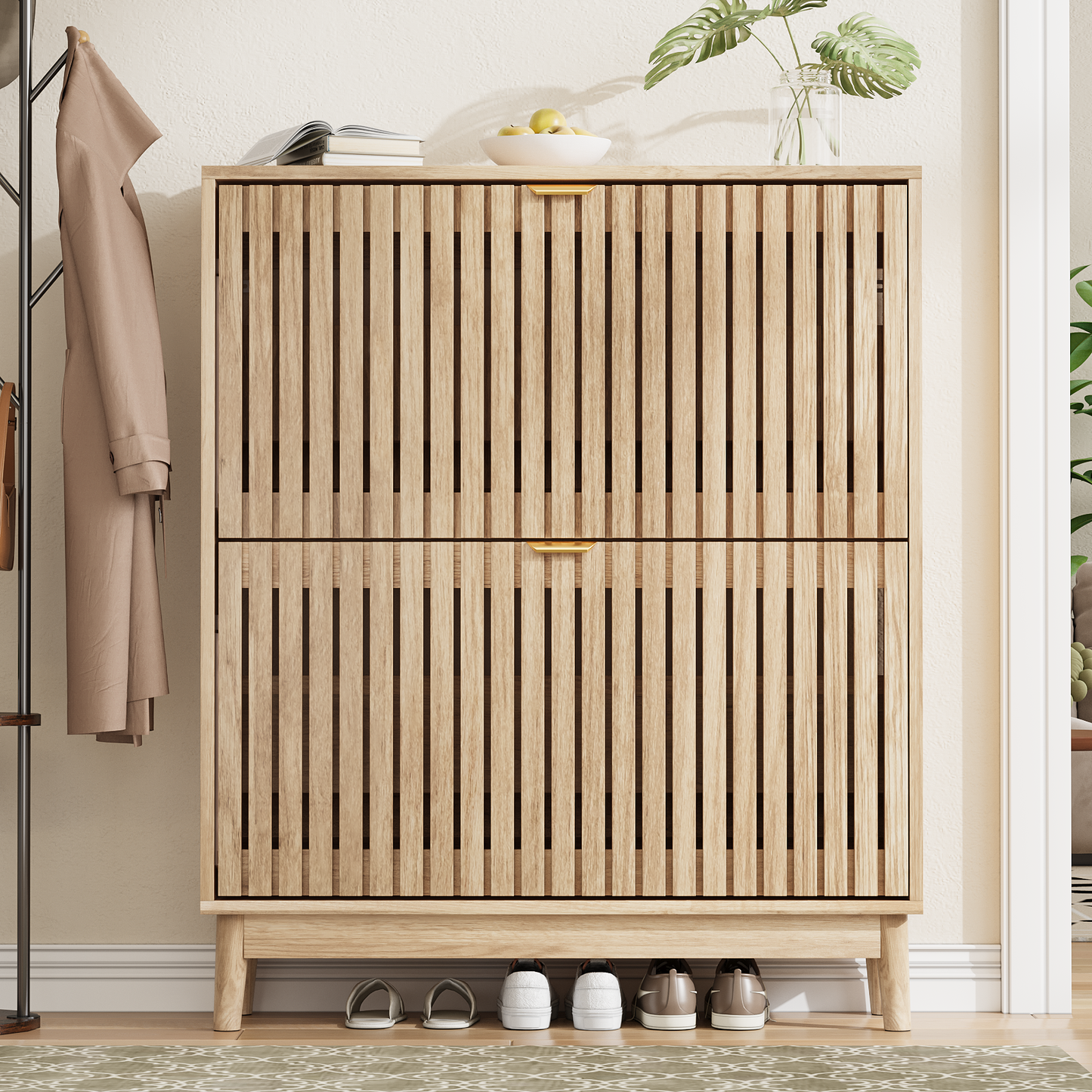 Algherohein 16-20 Pairs Shoe Storage Cabinet with Flip-Down Drawers,Freestanding Entryway Slim Shoe Cabinet, Walnut