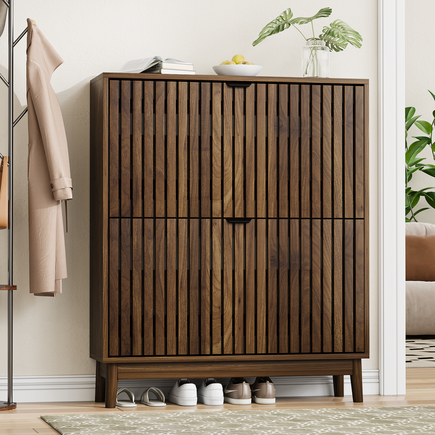 Algherohein 16-20 Pairs Shoe Storage Cabinet with Flip-Down Drawers,Freestanding Entryway Slim Shoe Cabinet, Walnut
