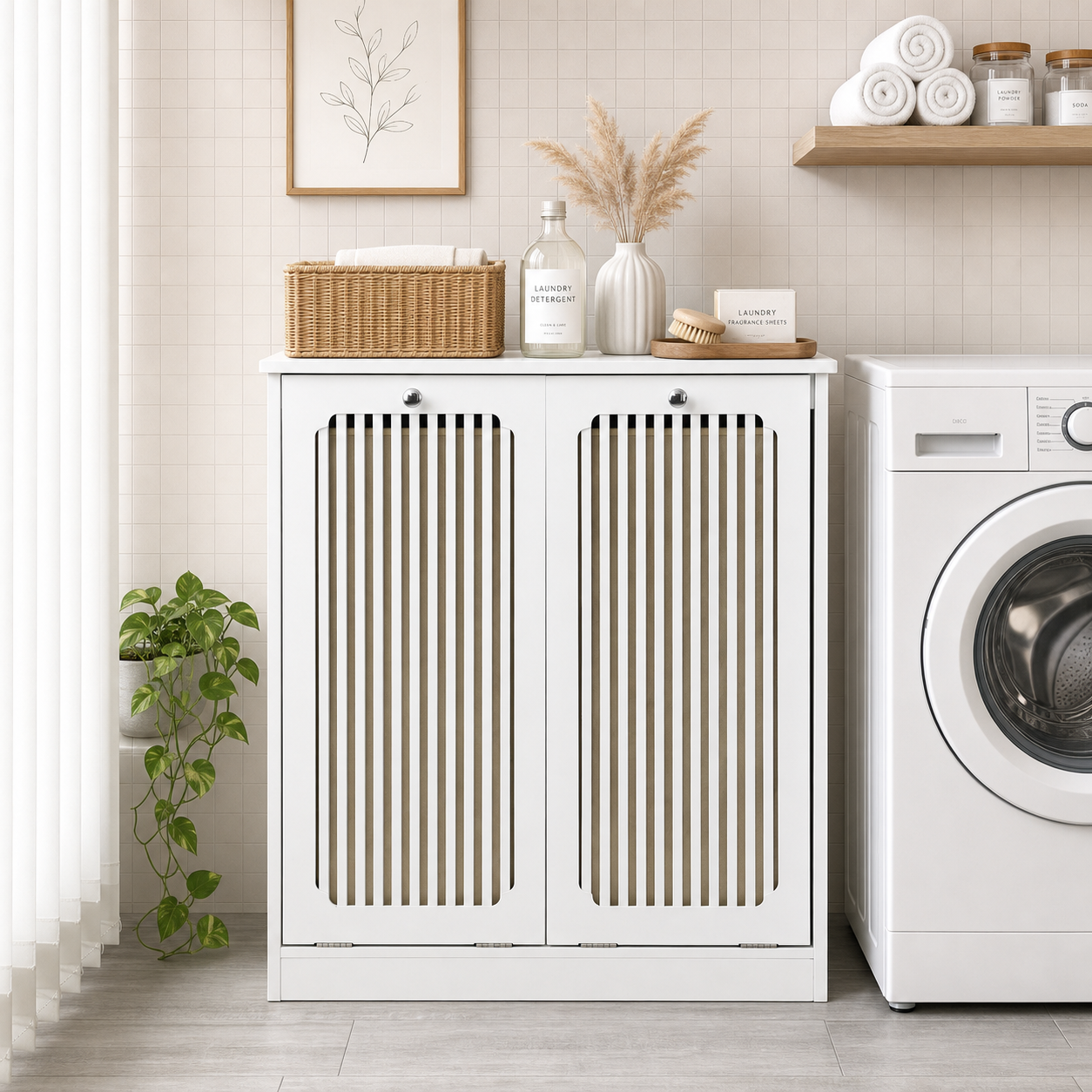 Semiocthome Bathroom Cabinet Laundry Basket Cabinet with Slatted Door and Adjustable Shelf, Laundry Room, Bedroom, White