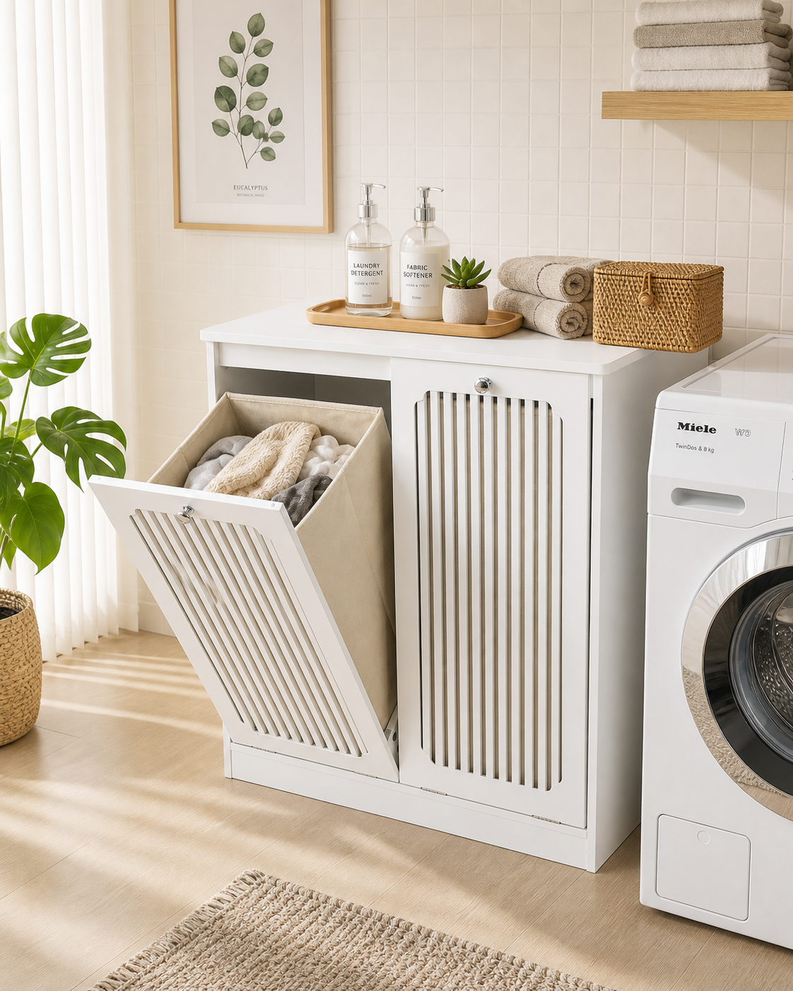 Semiocthome Bathroom Cabinet Laundry Basket Cabinet with Slatted Door and Adjustable Shelf, Laundry Room, Bedroom, White