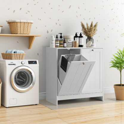 Semiocthome Laundry Hamper Cabinet with 2 Removable Baskets, Freestanding Bathroom Cabinet, White