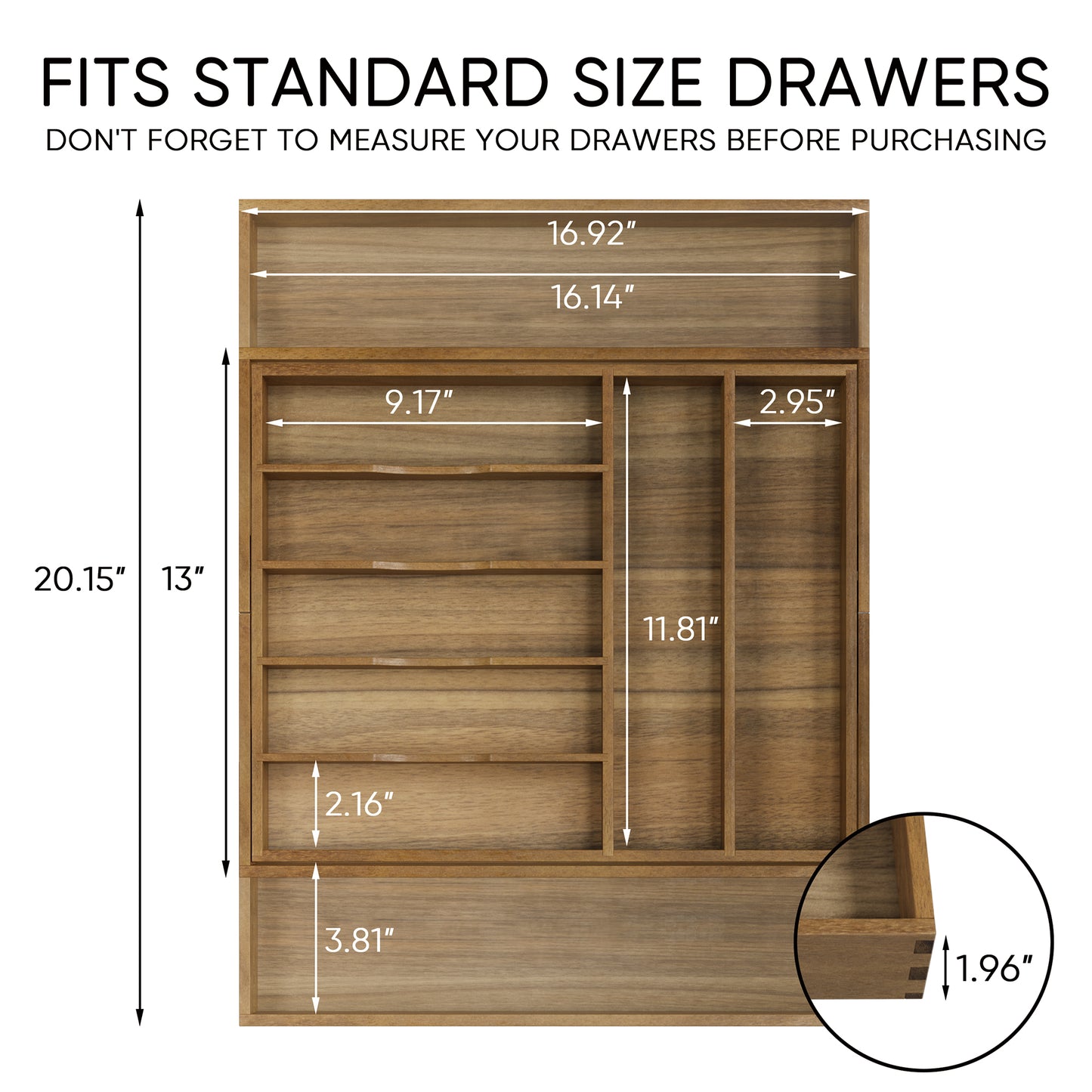 Semiocthome Acacia Wood Silverware Organizer Expandable Storage Drawer Organizer for Kitchen,9 Slot