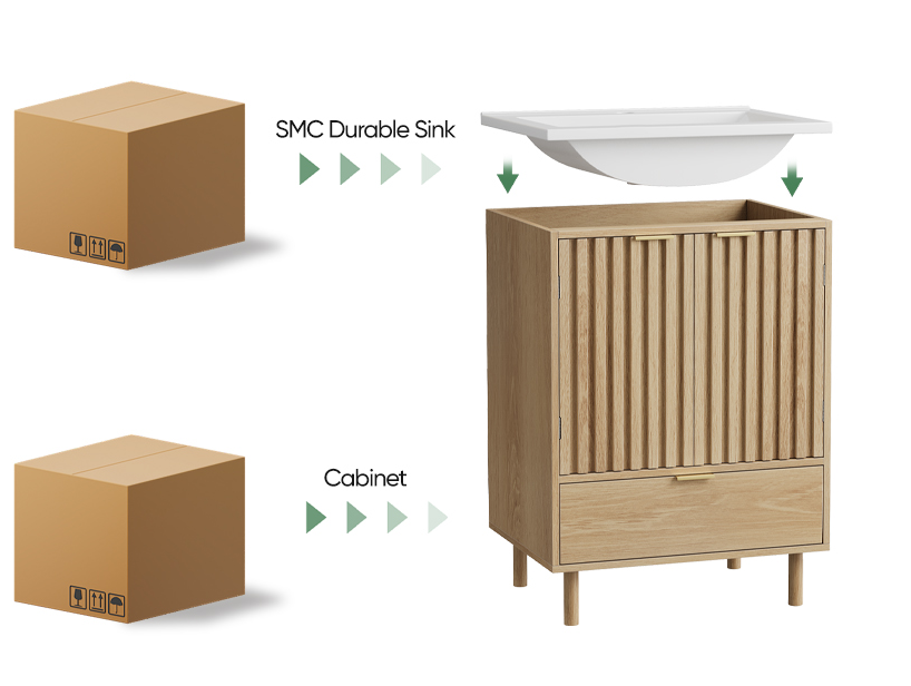 Semiocthome 24" Bathroom Vanity with Sink, Storage Cabinet with Drawers and 2 Fluted Doors, Natural