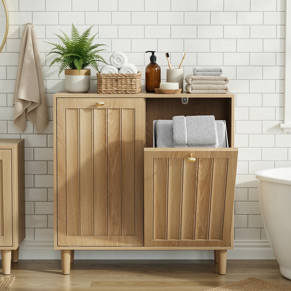 Smuxee Wooden Laundry Hamper Storage Cabinet with 2 Compartments, Free ...