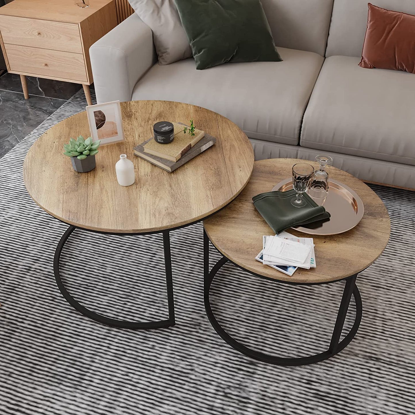 Smuxee Modern Round Wood Nesting Coffee Table Set,End Table for Living Room