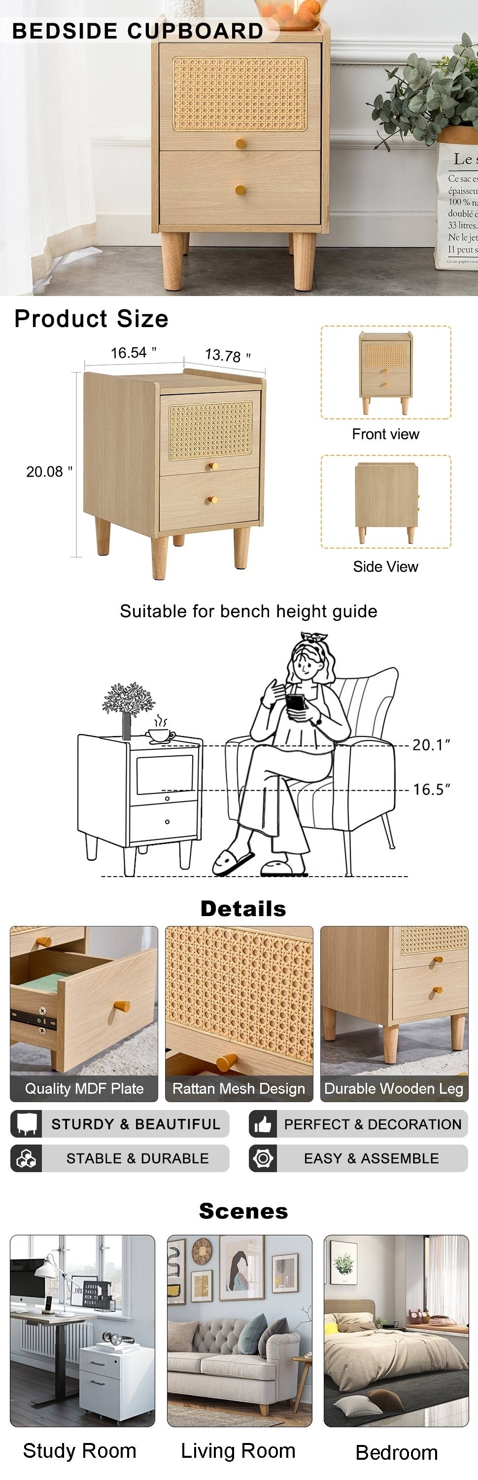 Modern simple storage cabinet MDF Board bedside cabinet rattan bedside cabinet Small household furniture bedside table
