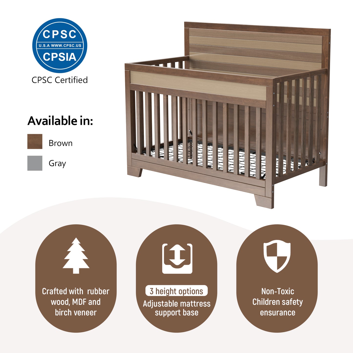 Semiocthome Certified Baby Safe Crib, Pine Solid Wood, Non-Toxic Finish, Brown