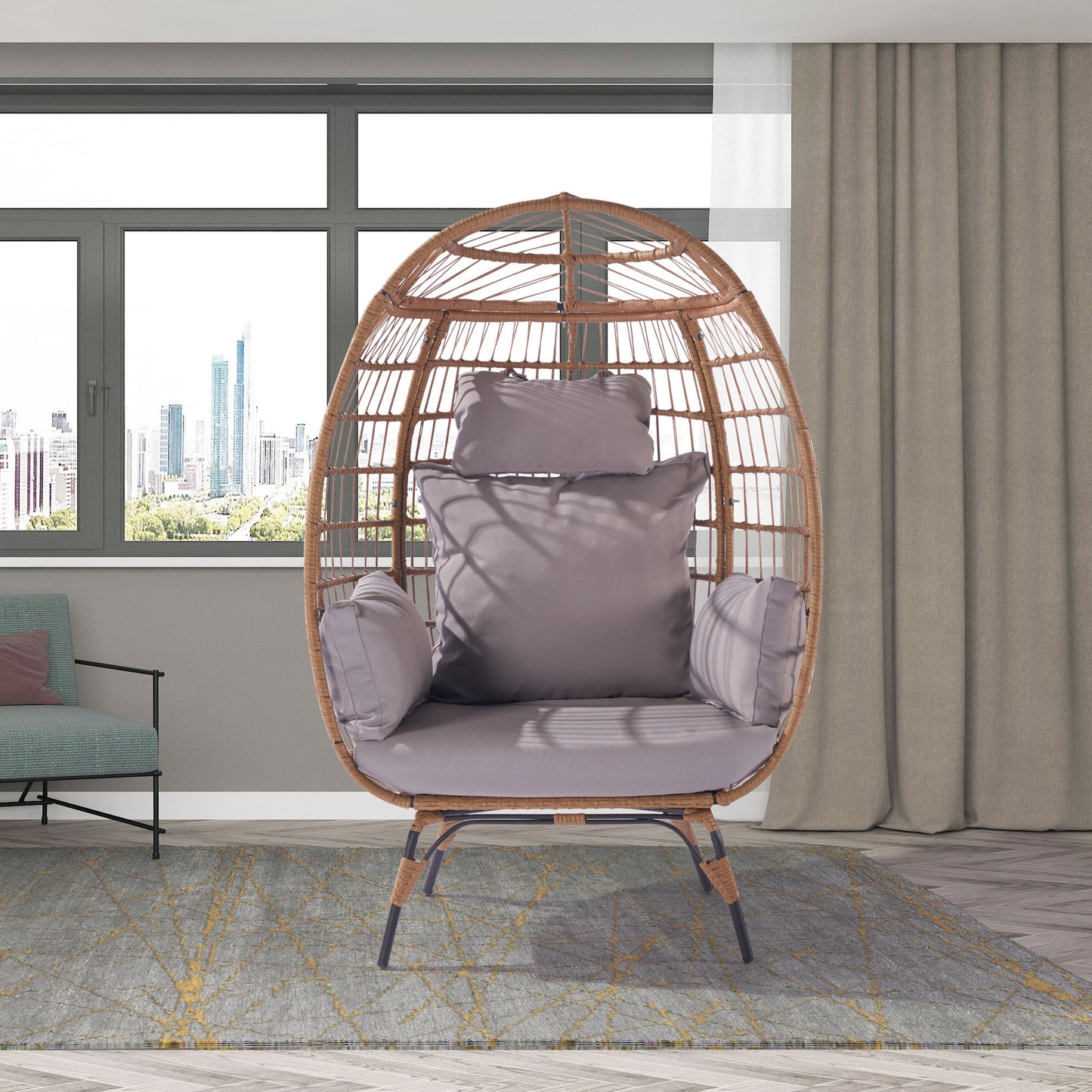 Wicker Egg Chair, Oversized Indoor Outdoor Lounger for Patio, Backyard, Living Room w/ 5 Cushions, Steel Frame, 440lb Capacity - Light Grey