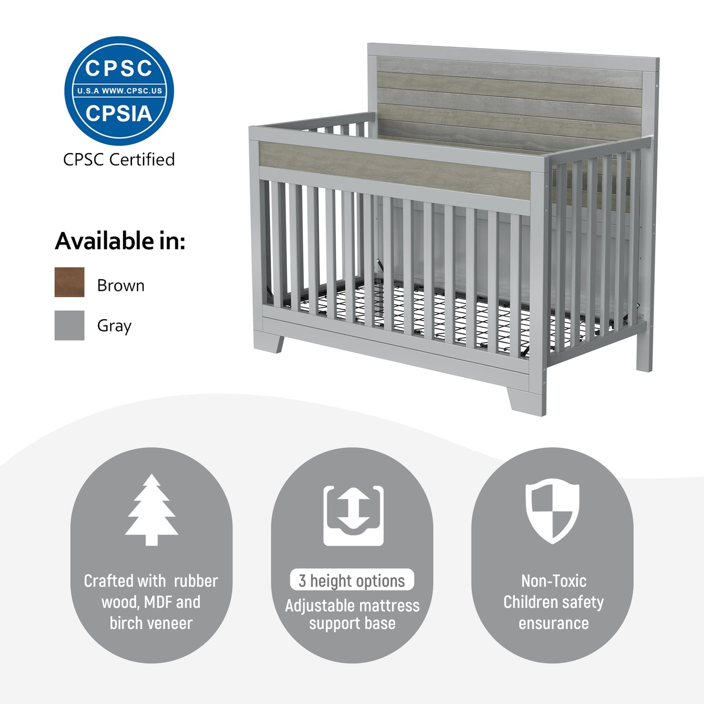 Semiocthome Certified Baby Safe Crib, Pine Solid Wood, Non-Toxic Finish, Gray