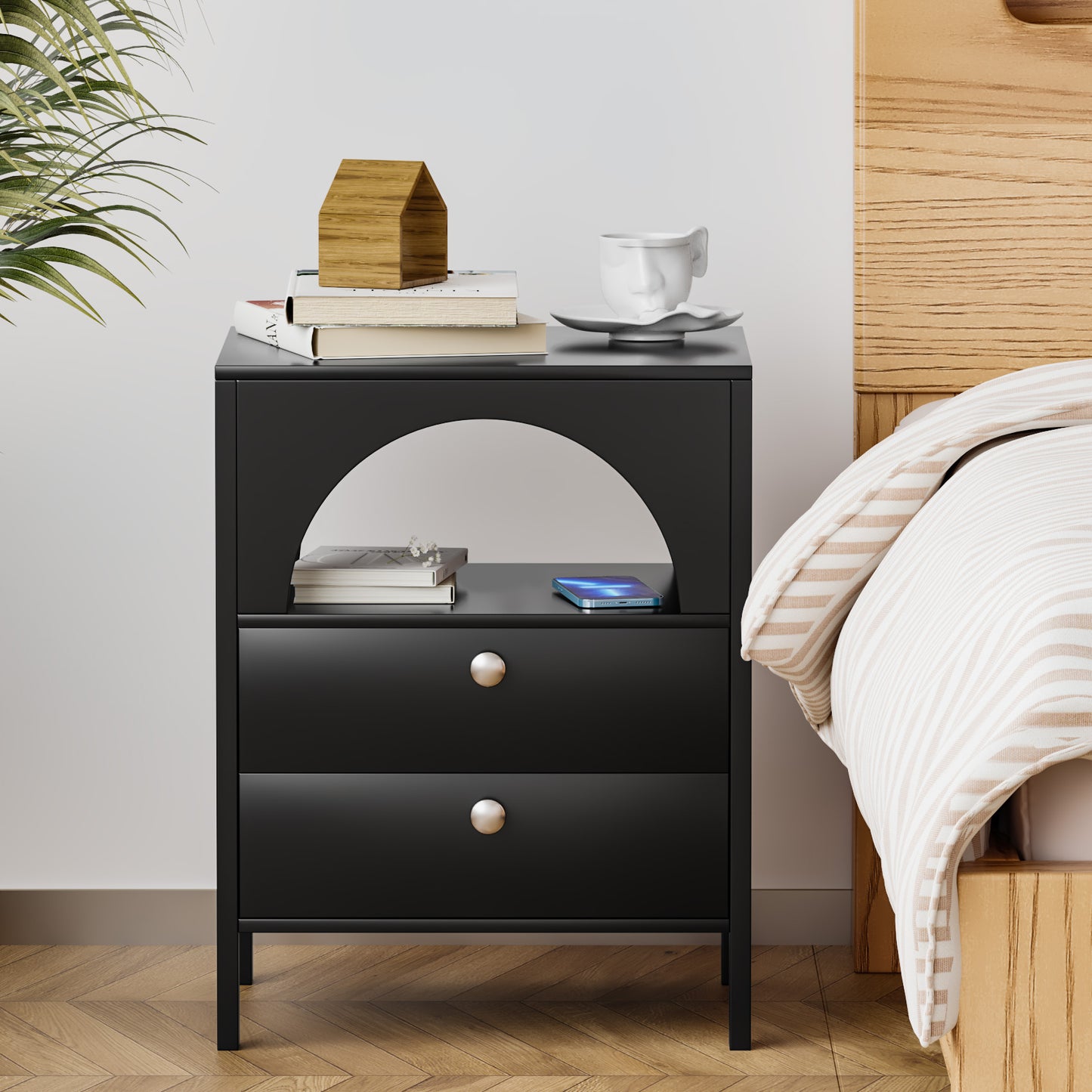 Modern End Tables with USB Ports and Outlets LED Lights Nightstand with Charging Station