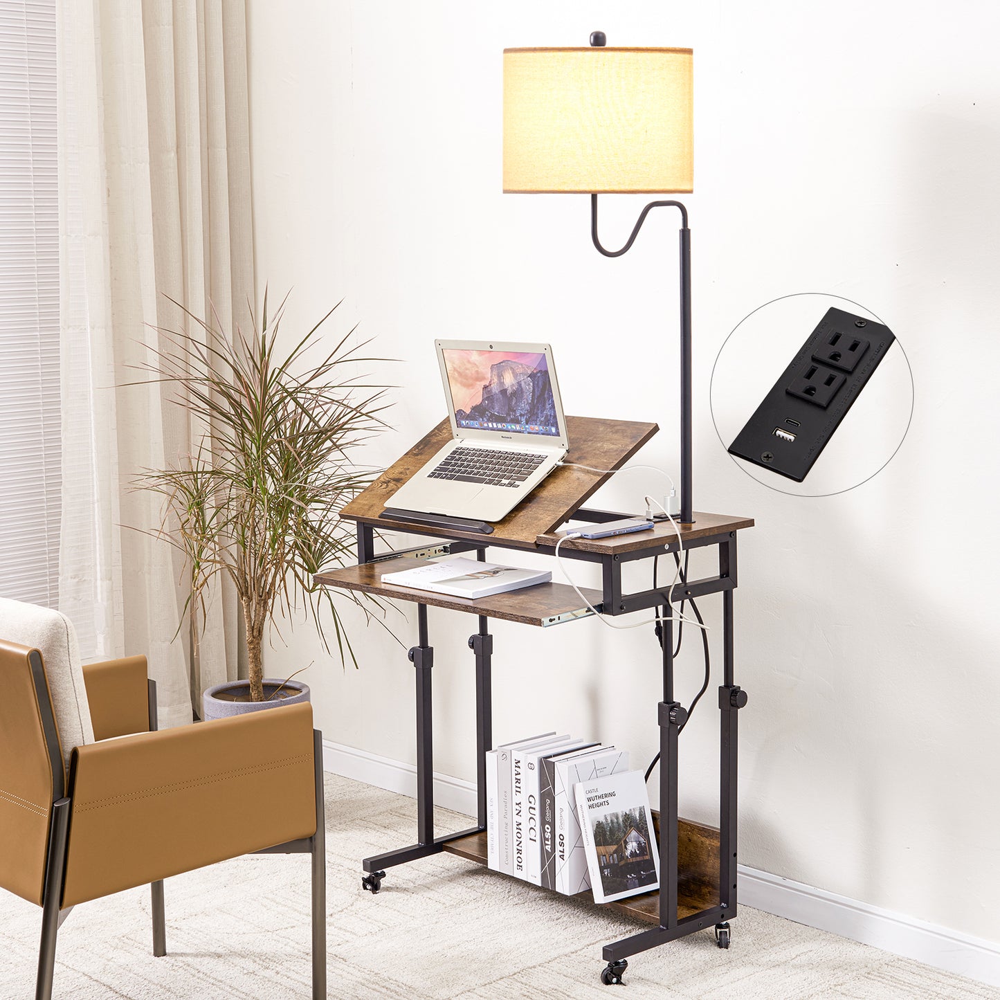 Smart FENDEE Adjustable Wood Computer Desk with Floor Lamp,Rollers,Sockets