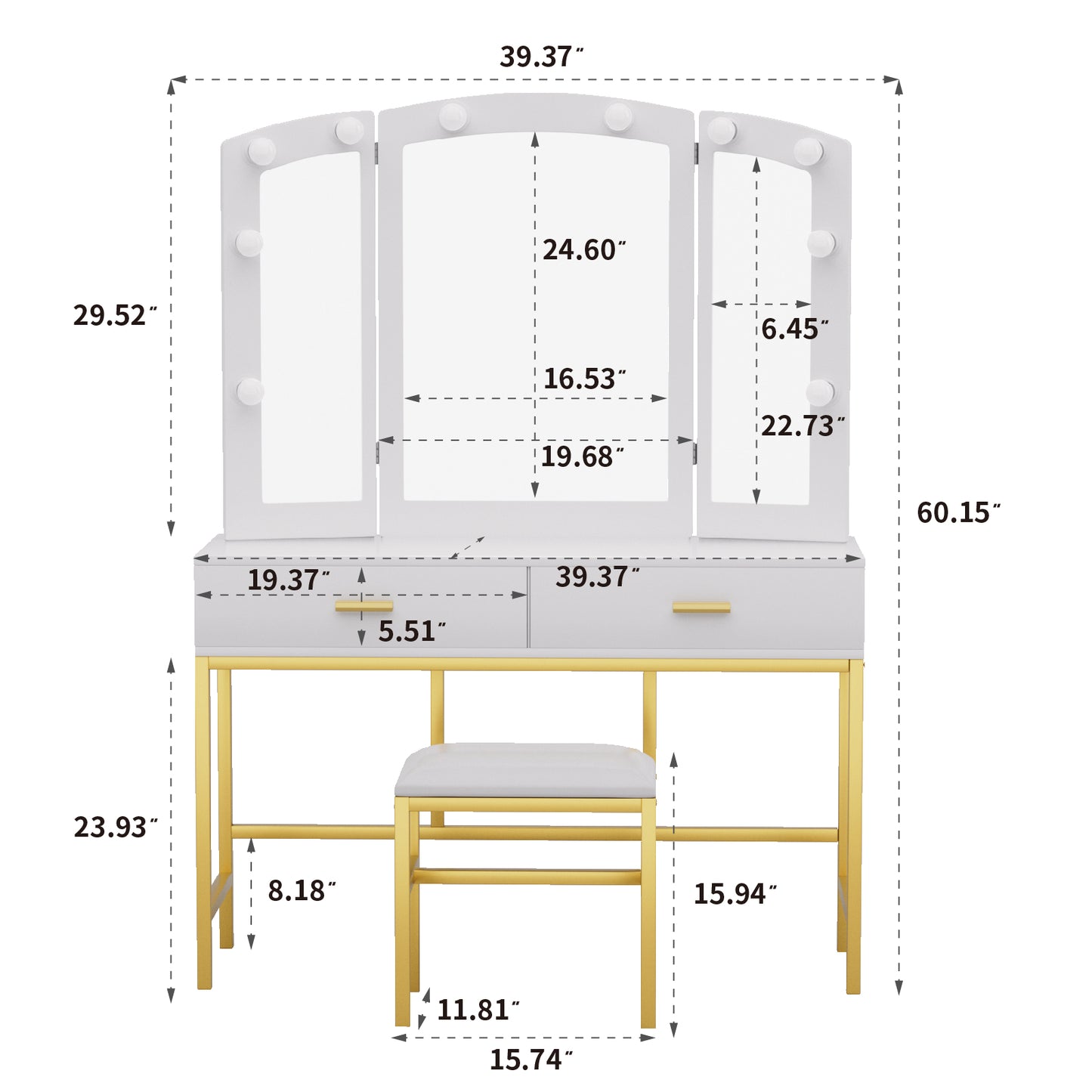 Semiocthome Modern White Vanity Tables Set for Bedroom with LED Lights