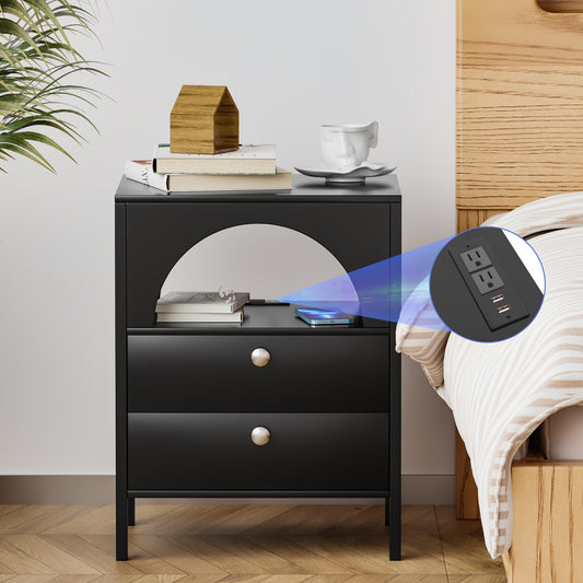 Algherohein Black Modern Nightstand 2 Drawers Beside Table for Bedroom