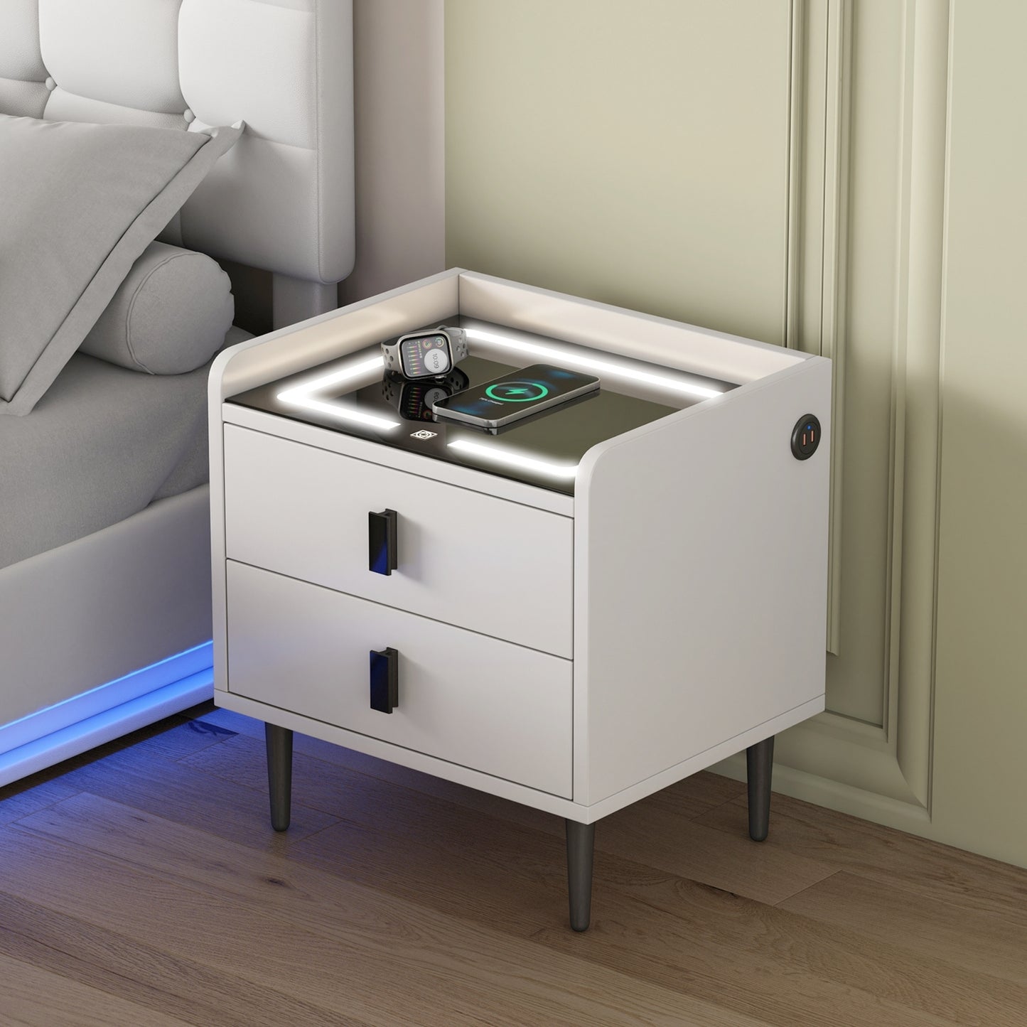 Nightstand with Wireless Charging Station,USB Charging and Adjustable LED Lights, Modern End Table with 2 Drawers for Bedroom,White
