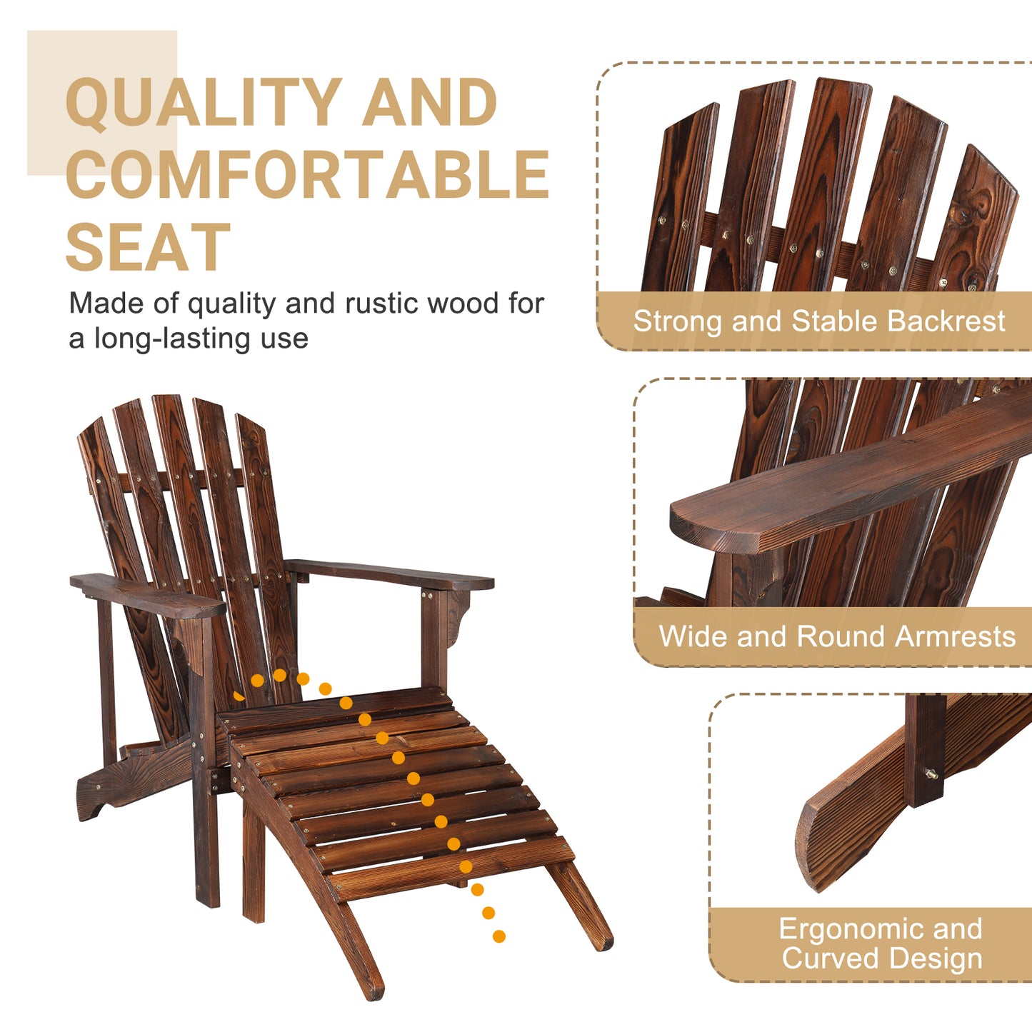Outdoor Garden With Footstool Wooden Single Chair Carbonized Color