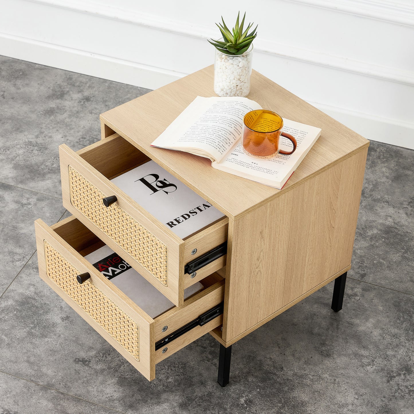 Modern simple storage cabinet MDF Board bedside cabinet rattan bedside cabinet Small household furniture bedside table