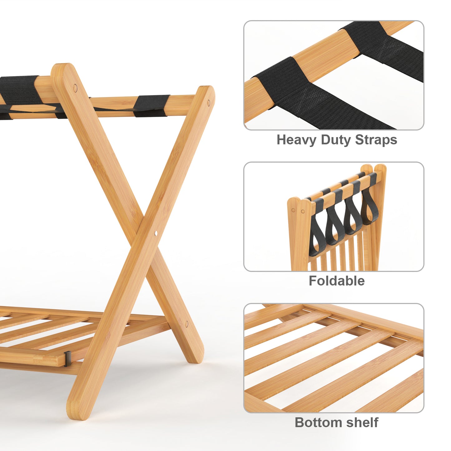 Smart FENDEE Space-Saving Foldable Bamboo Luggage Rack with Shelf