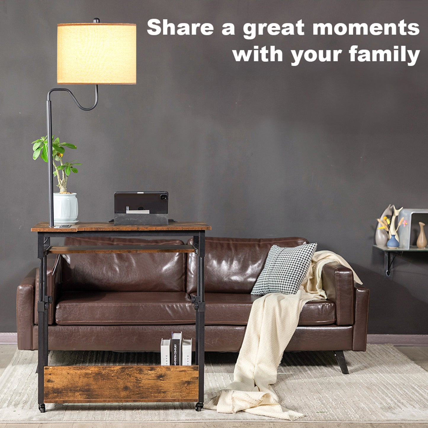 Smart FENDEE Adjustable Wood Computer Desk with Floor Lamp,Rollers,Sockets